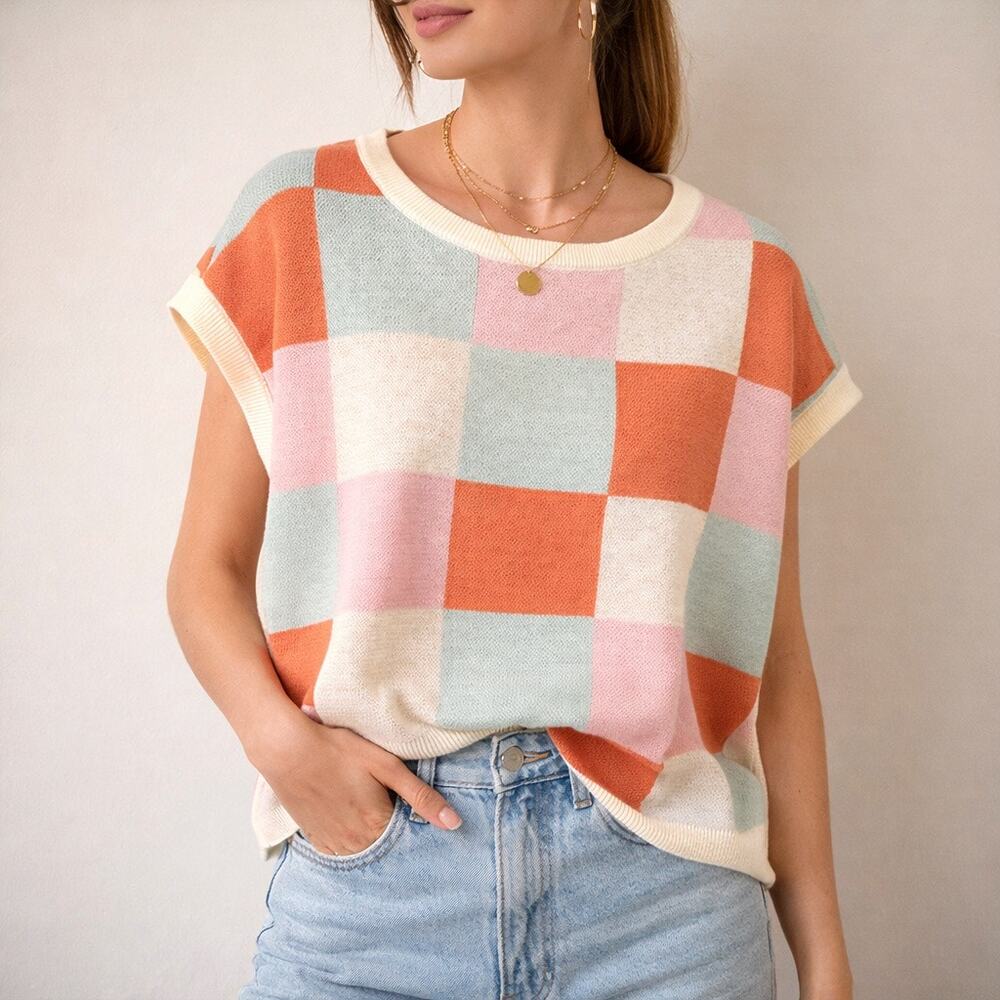Oversized Soft Girl Checker Cap Sleeve Sweater Womens Boxy Pastel Knit Large NWT - Picture 1 of 8